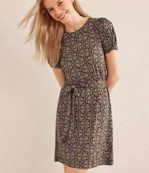 Boden Womens Jersey Mini Dress 10R Black Orange Block Floral Belted Tie Fall